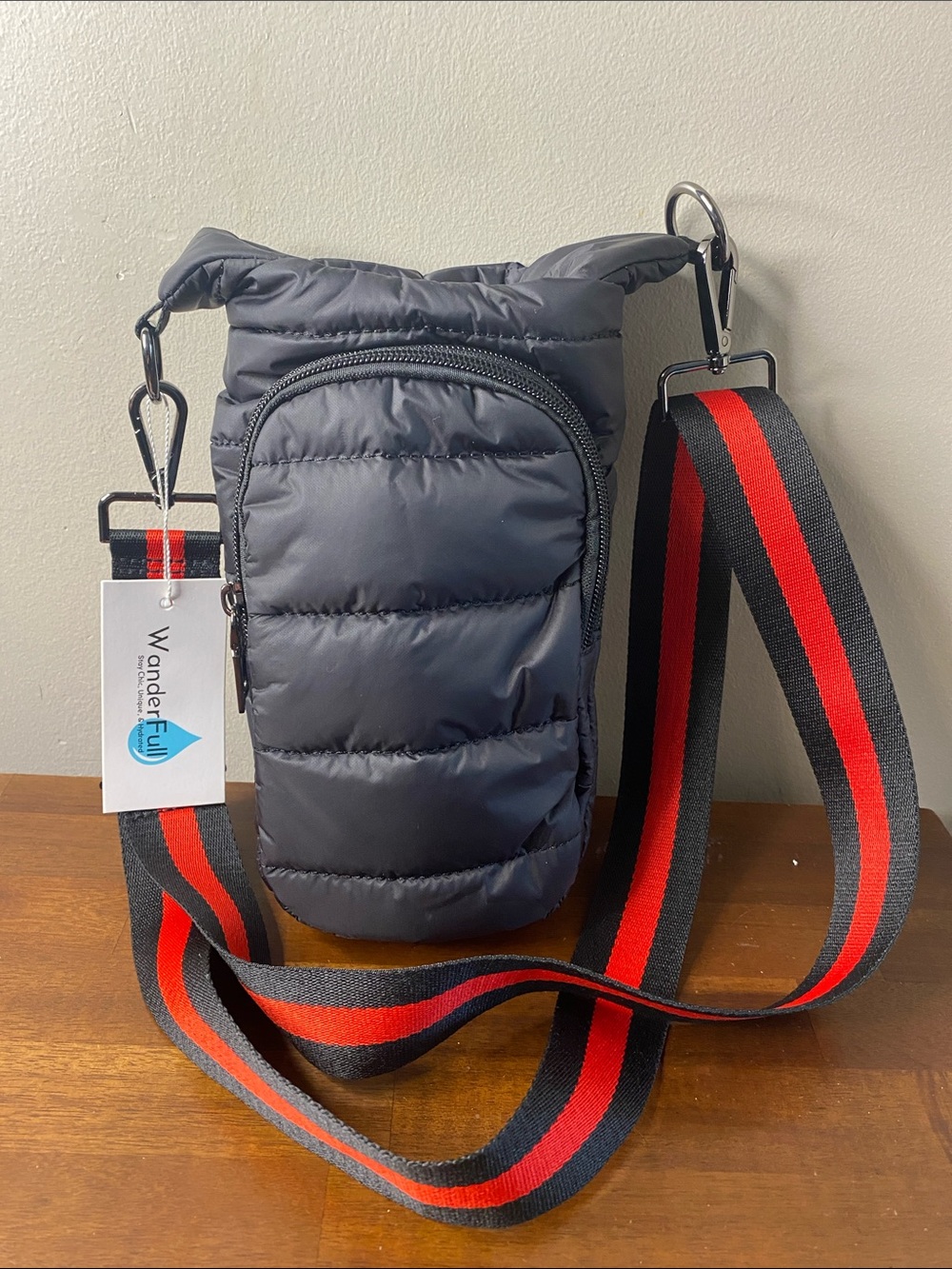 Puffer Black Crossbody Phone Pouch with Red-Black Webbing Strap #14